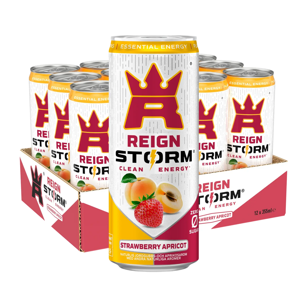 12 x Reign Storm Energy 355 ml lavalla valko-punaisissa tölkeissä, makuna Strawberry Apricot.