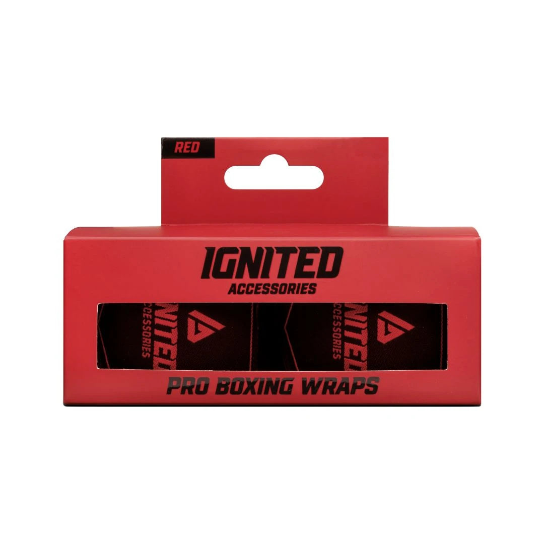 Ignited Boxing Hand Wraps Red 4.5 -nyrkkeilysiteet punaisessa pakkauksessa mustilla yksityiskohdilla.