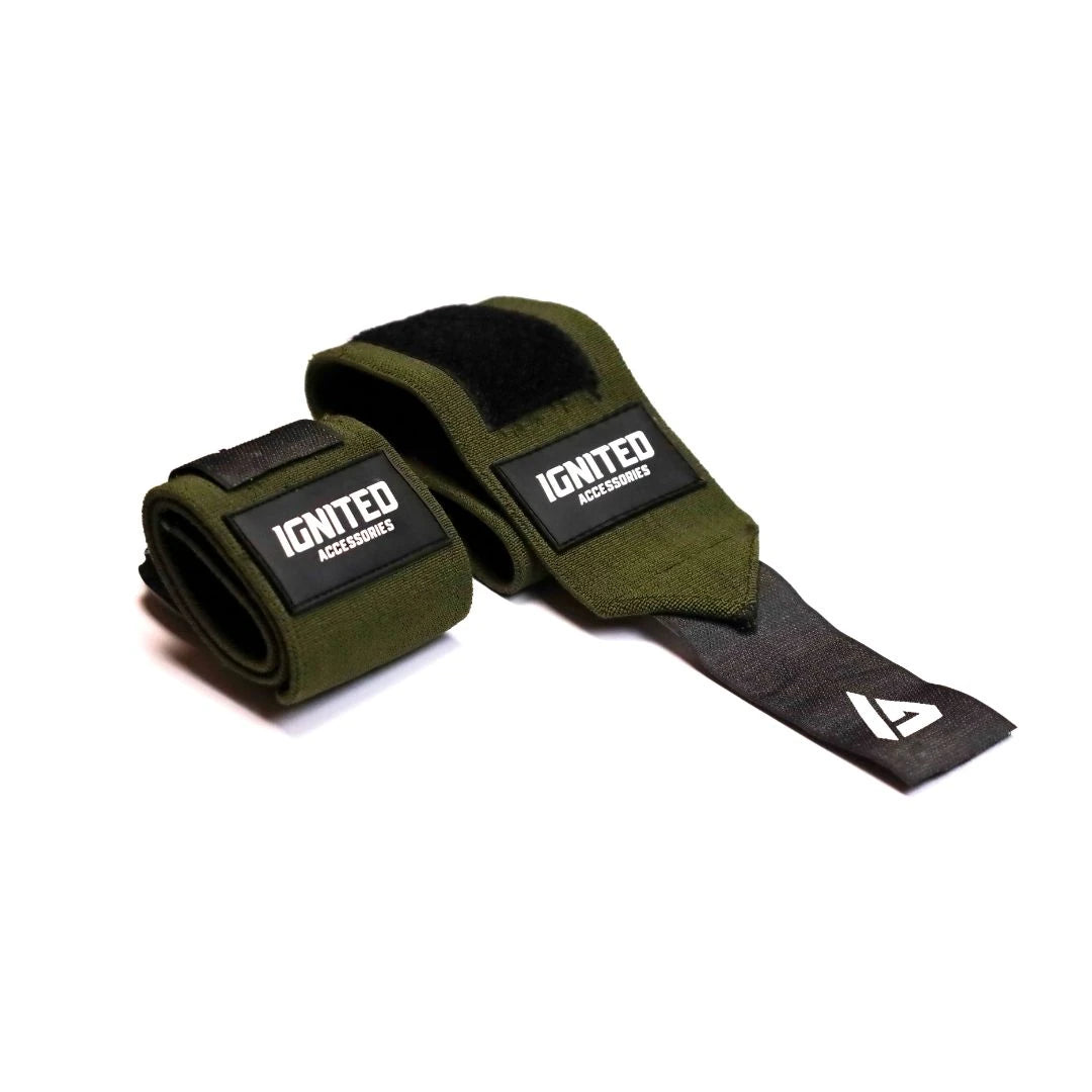 Armeijanvihreät Ignited Pro Wrist Wraps Military Green 13" -rannetuet mustilla yksityiskohdilla raskaisiin nostoihin.