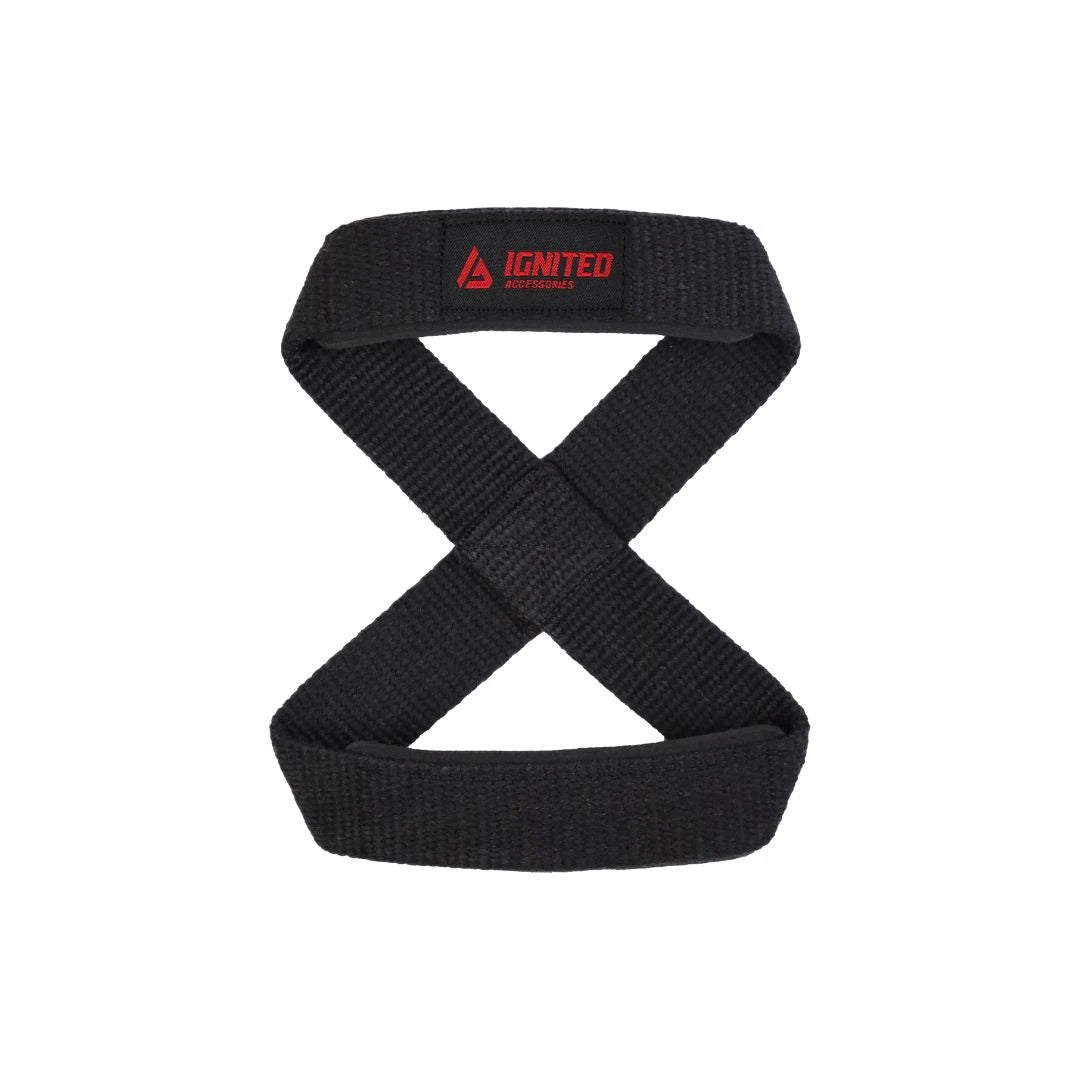 Mustat kestävästä puuvillasta valmistetut Ignited Figure 8 Lifting Straps -vetoremmit punaisilla yksityiskohdilla raskaisiin nostoihin.