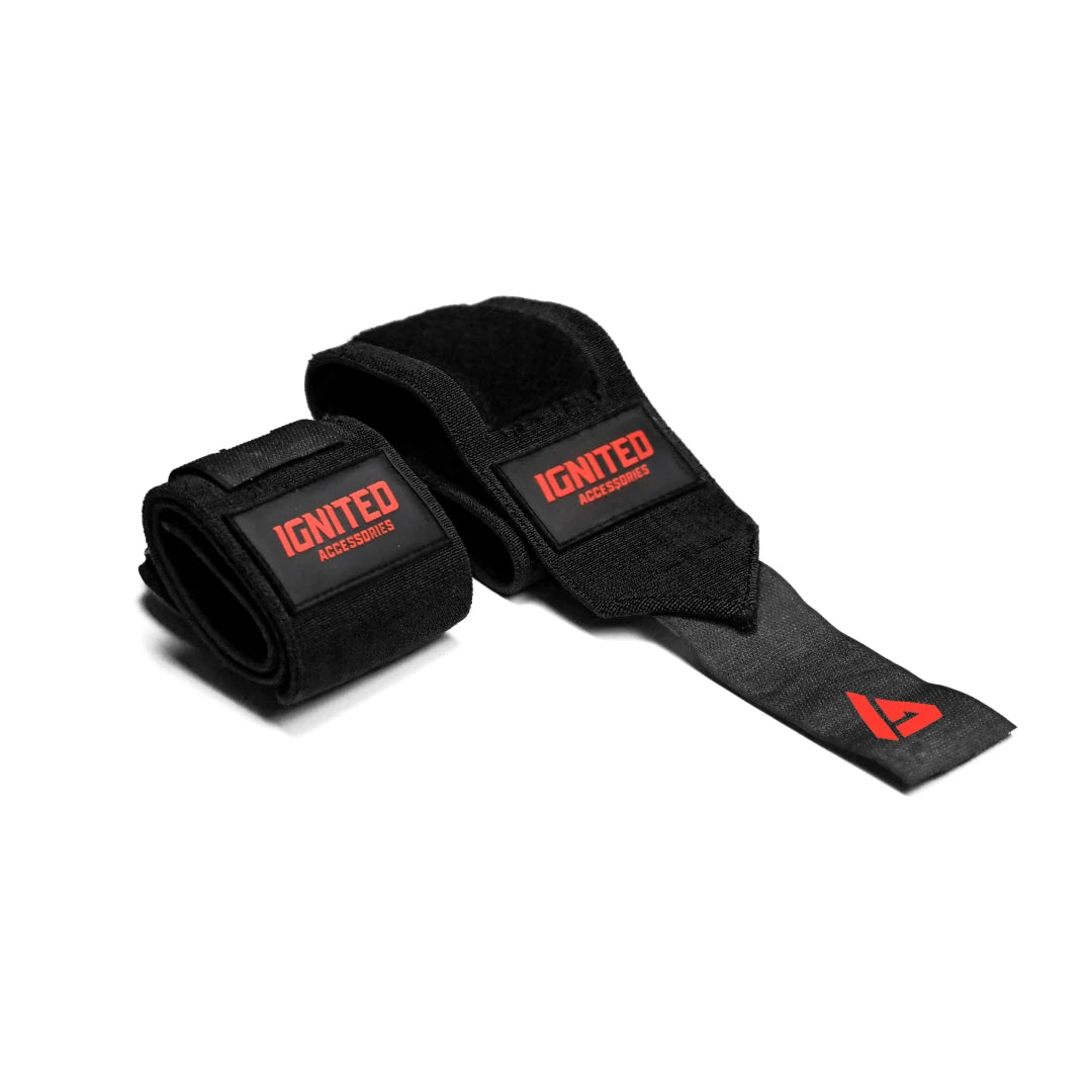 Mustat Ignited Premium Wrist Wraps 13" Black/Red -rannetuet punaisella logolla raskaaseen voimaharjoitteluun.