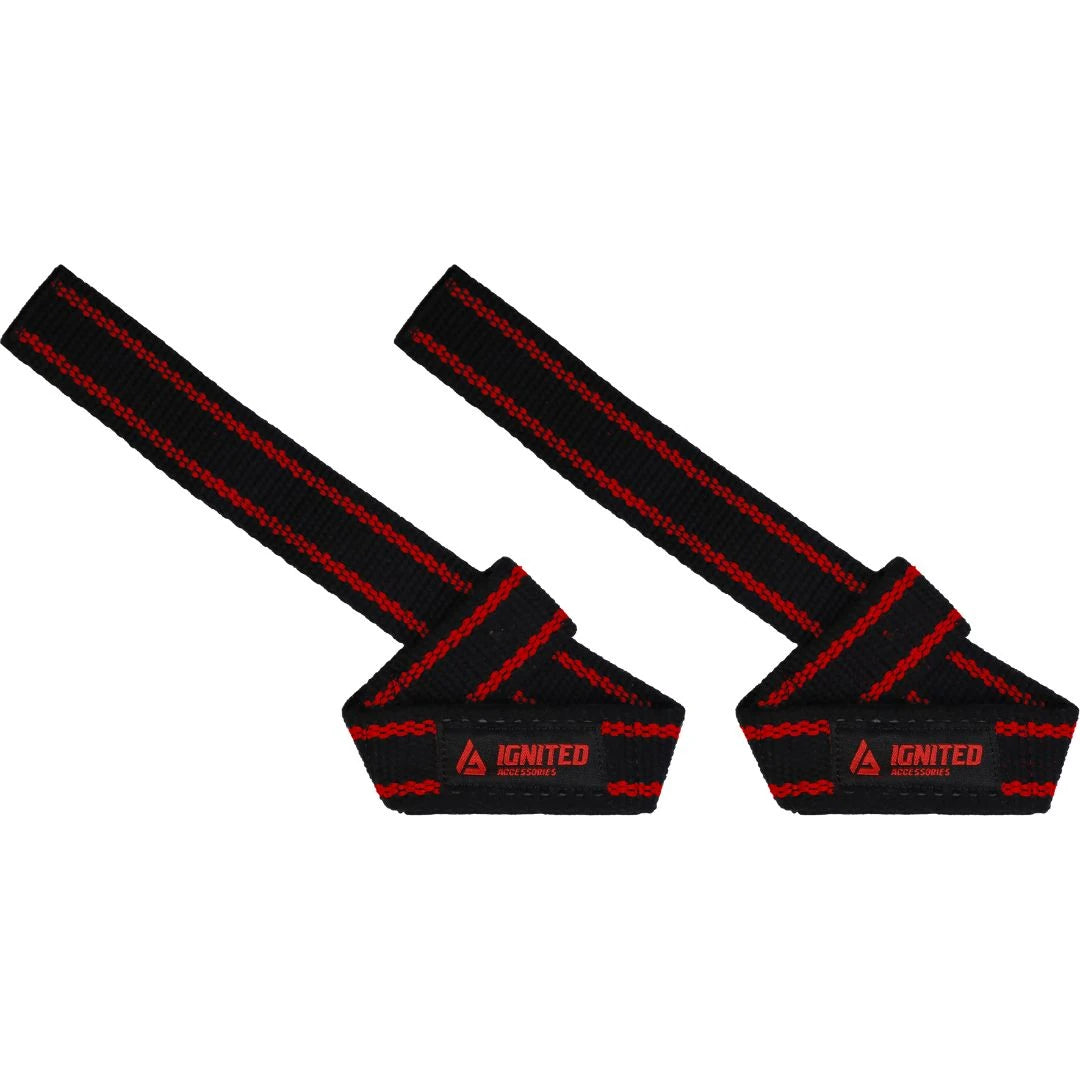 Mustat puuvillakankaiset Ignited Premium Padded Lifting Straps Black/Red -vetoremmit punaisilla yksityiskohdilla.