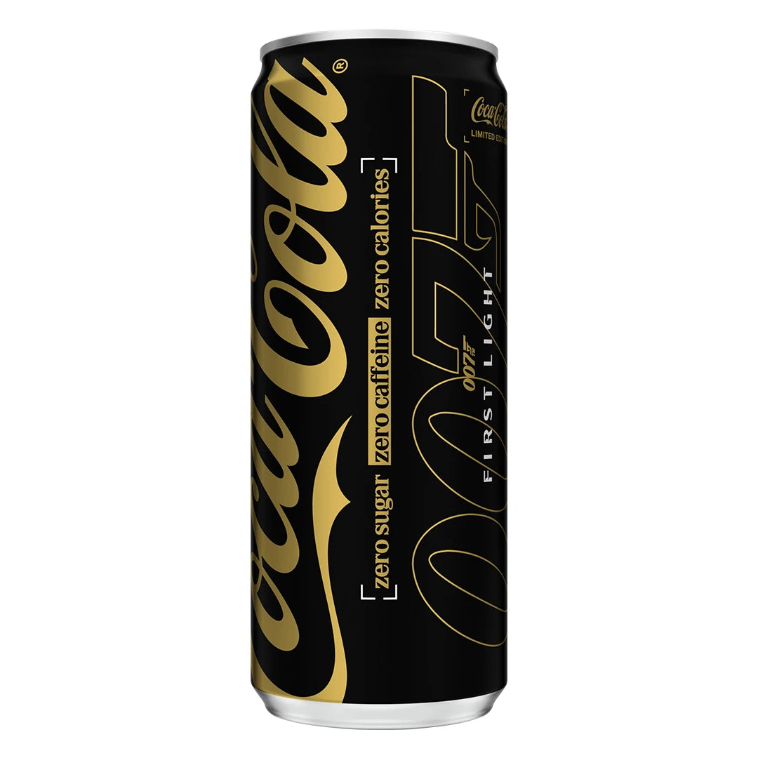 Coca-Cola Zero 330 ml, kofeiiniton, mustassa alumiinitölkissä kultaisilla yksityiskohdilla ja uniikilla 007-designilla.