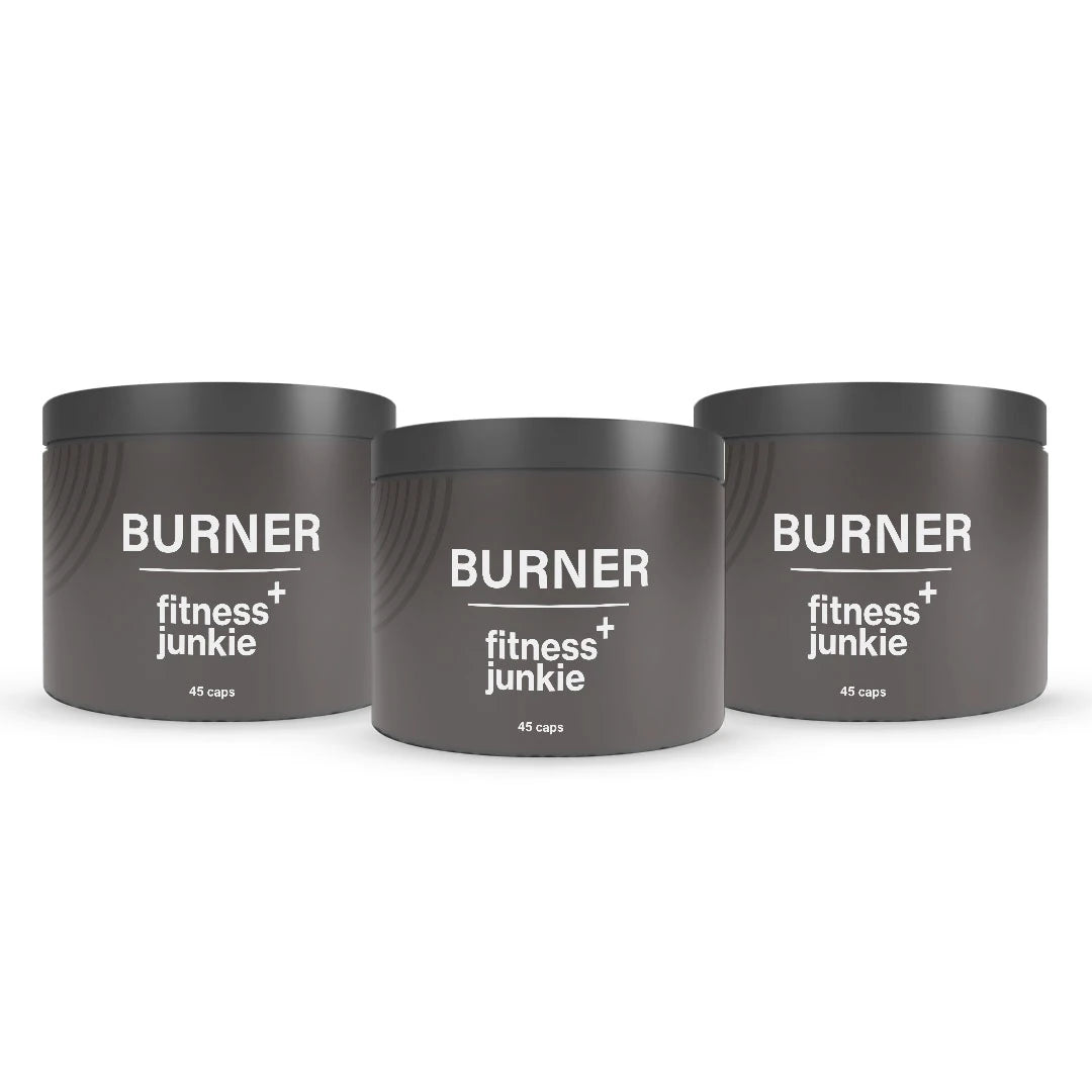3 x fitnessjunkie Burner 45 caps, kolme tummanharmaata purkkia mustilla kansilla.
