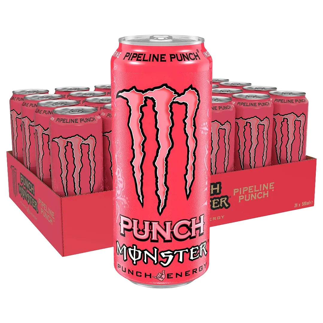 24 x Monster Energy 500 ml Pipeline Punch punaisessa laatikossa täynnä vaaleanpunaisia ja mustia tölkkejä.