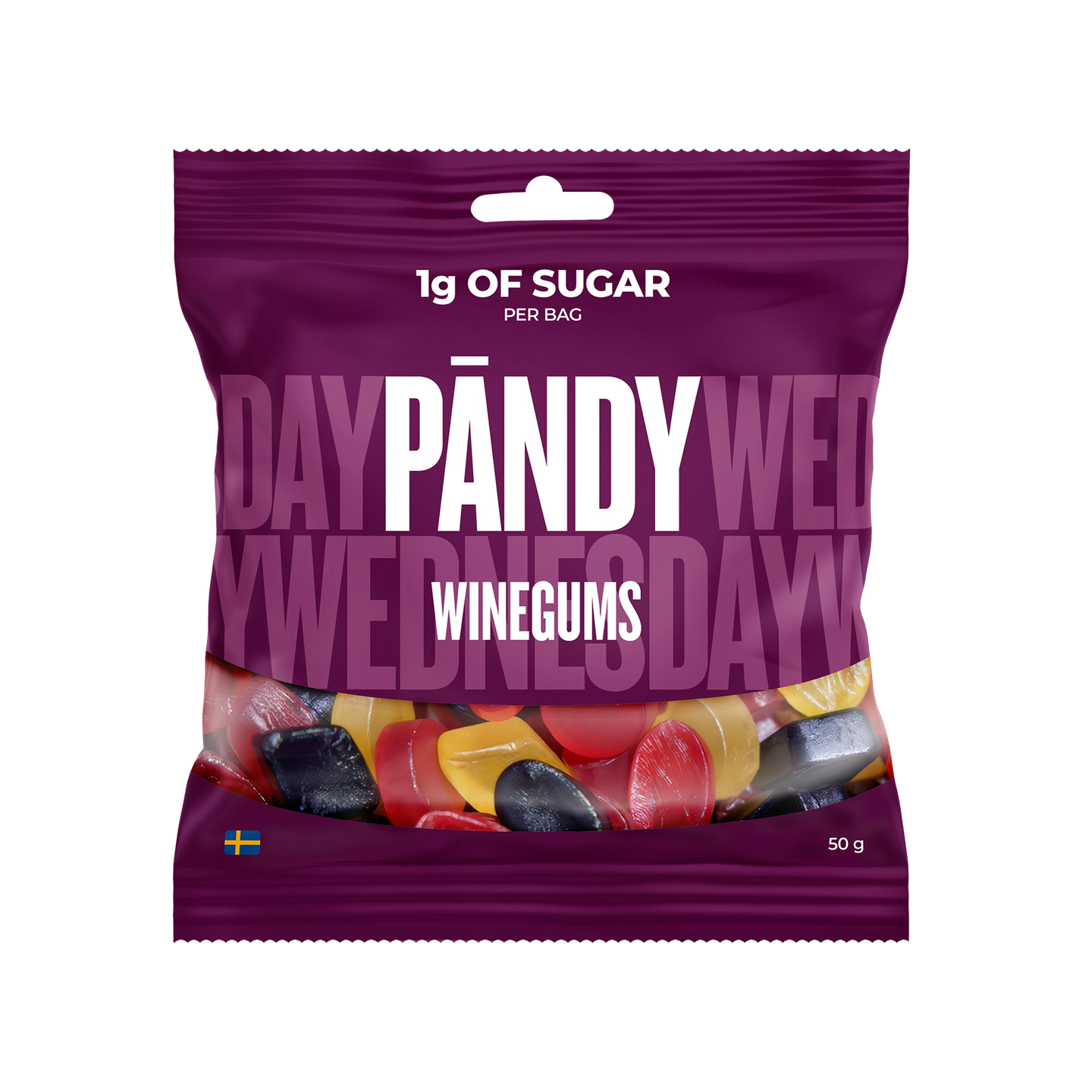 Pändy Candy 50 g Winegums violetissa pussissa, joka on täynnä värikkäitä viinikumeja., kuva 1/1