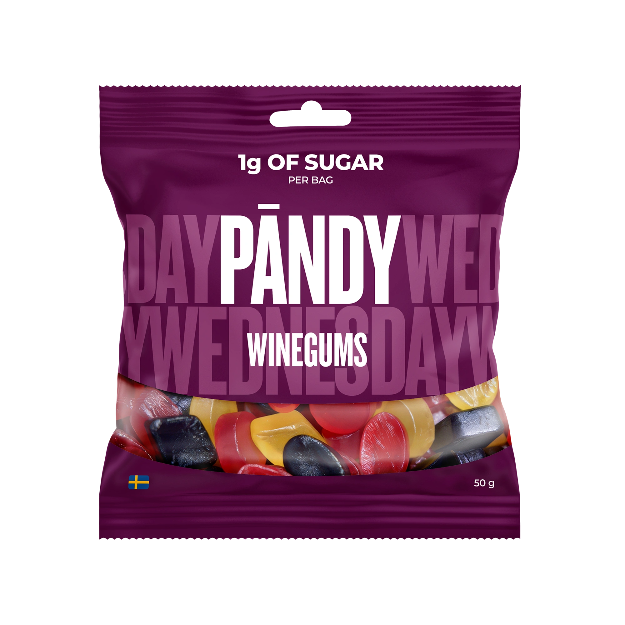 Pändy Candy 50 g Winegums violetissa pussissa, joka on täynnä värikkäitä viinikumeja., kuva 1/1