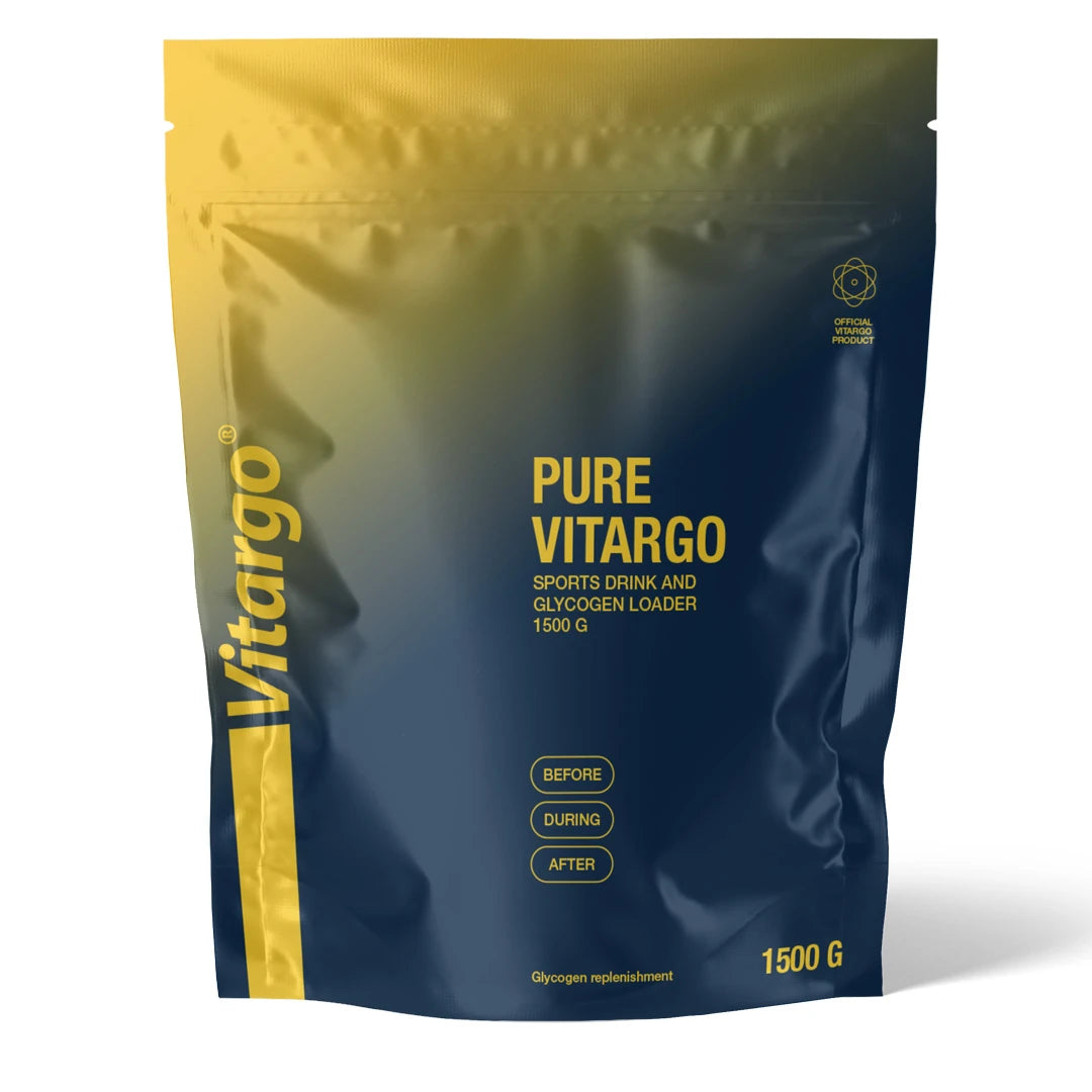 Vitargo Pure 1.5 kg maustamaton nopea hiilihydraattijauhe tummansinisessä ja keltaisessa pussissa.