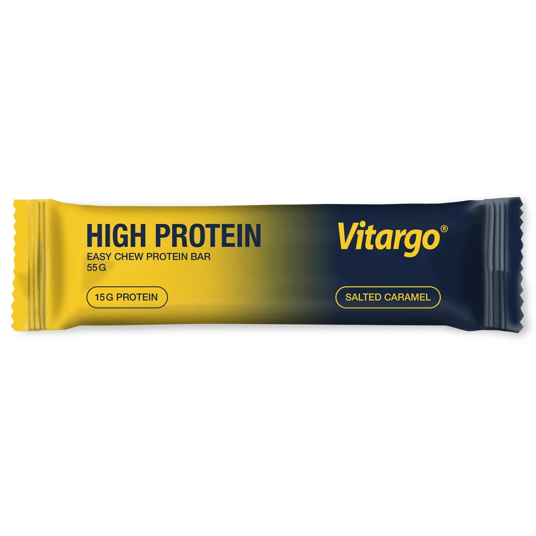 Vitargo High Protein Bar 55 g -proteiinipatukka kelta-tummansinisessä pakkauksessa, makuna Salted Caramel.