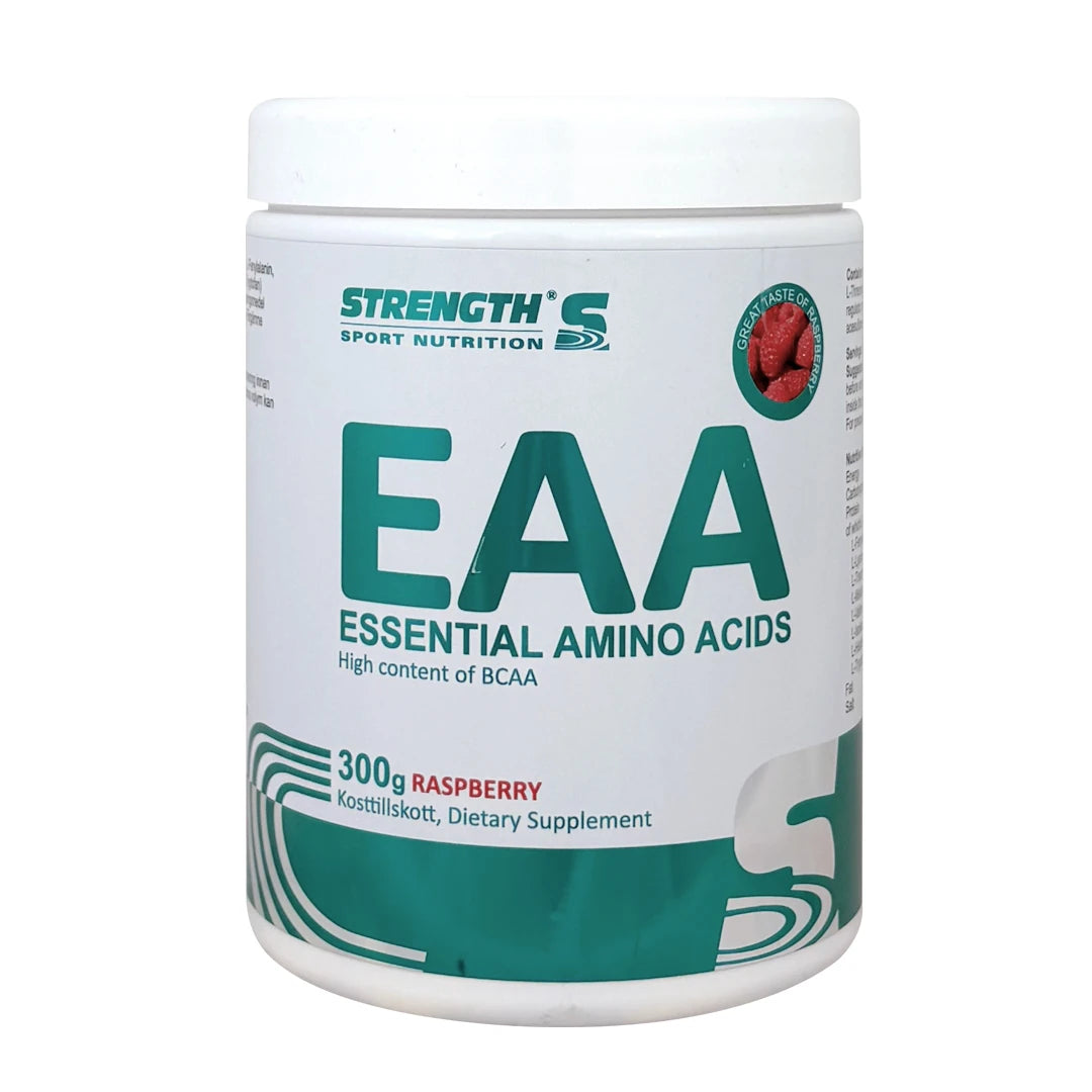 Valkoinen purkki Strength Sport Nutrition EAA 300 g -aminohappoja vihreillä yksityiskohdilla, makuna Raspberry.