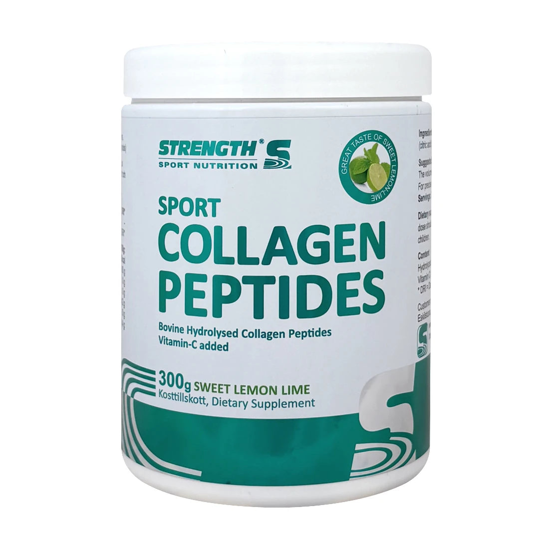 Strength Sport Nutrition Collagen Peptides 300 g valkoisessa purkissa vihreillä yksityiskohdilla, makuna Sweet Lemon Lime.