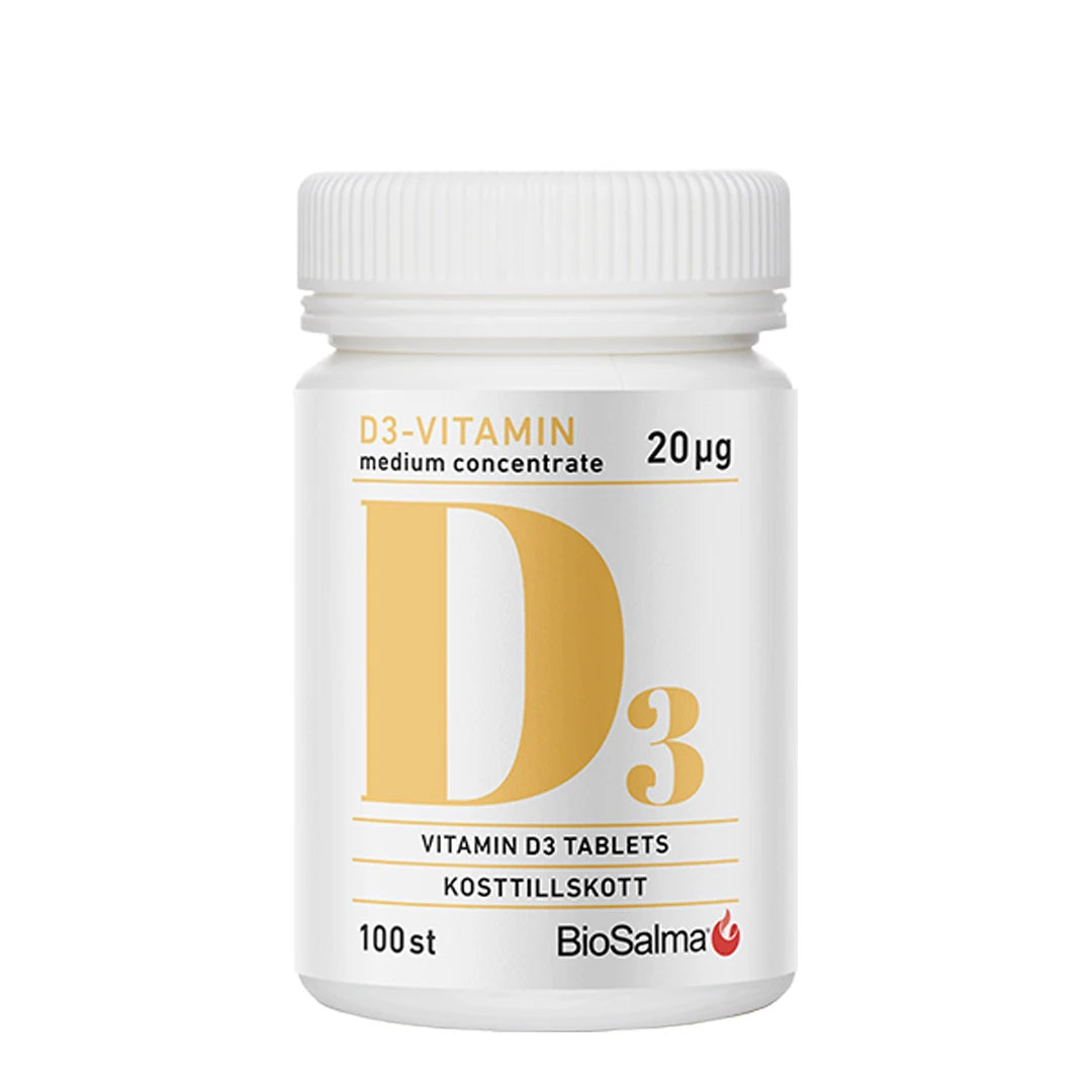 Valkoinen muovipurkki keltaisella tekstillä, jossa on BioSalma D3 Vitamin Medium Concentrate 20 ug 100 tabs -ravintolisä.