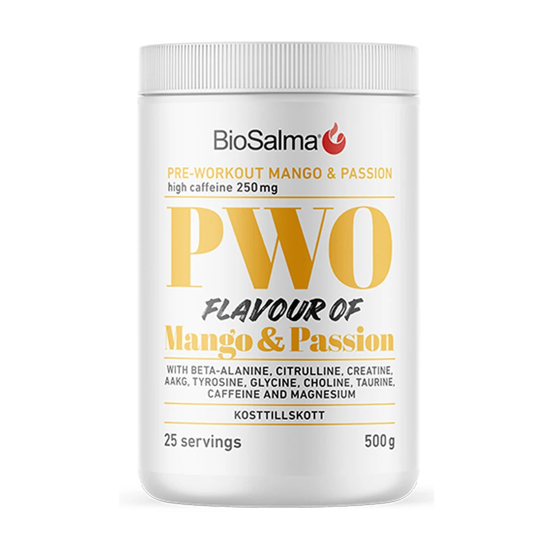 BioSalma PWO 500 g -PWO-jauhe valkoisessa purkissa keltaisilla yksityiskohdilla, makuna Mango Passion.