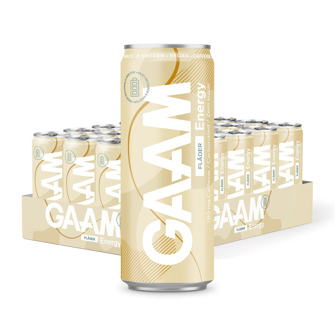24 x GAAM Energy 330 ml Seljankukka vaalean kultaisessa laatikossa valkoisin yksityiskohdin, yksi tölkki etualalla.
