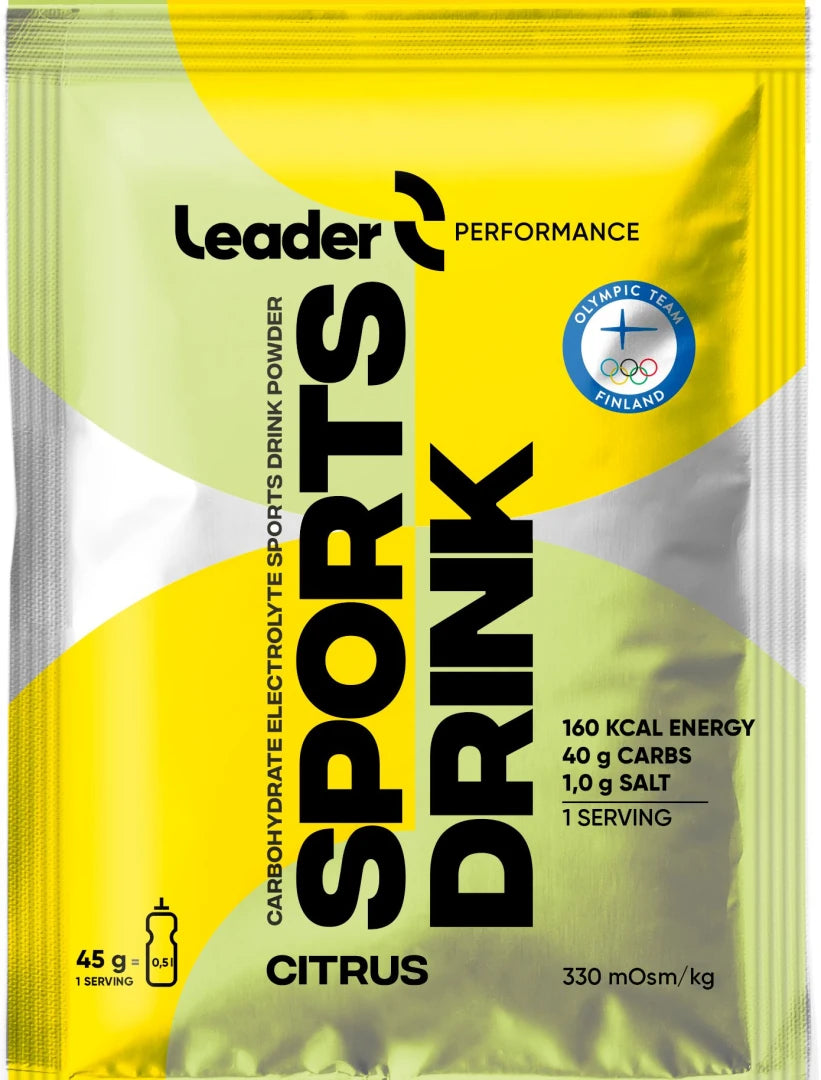 Kelta-hopeinen annospussi Leader Performance Sport Drink 45 g -urheilujuomajauhetta, makuna Citrus.