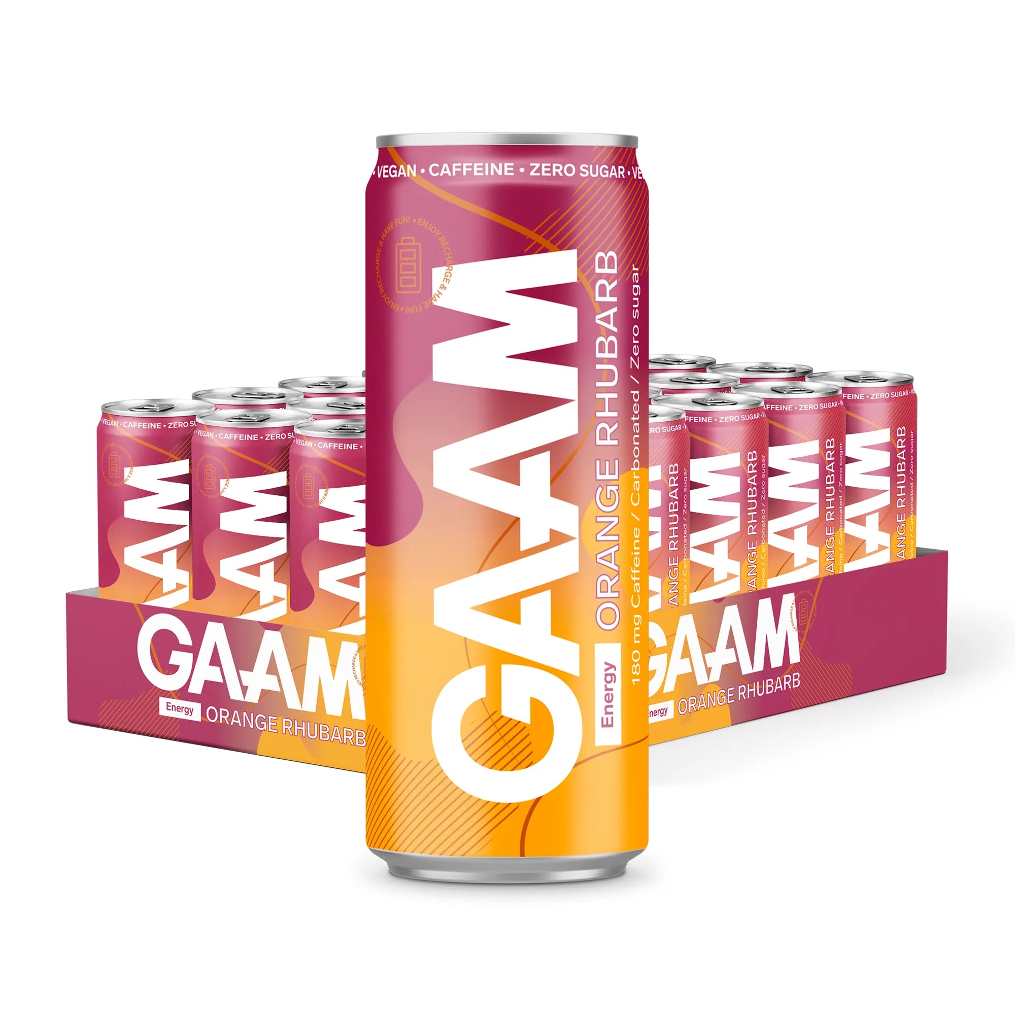 24 x GAAM Energy 330 ml Orange Rhubarb vaaleanpunaisessa ja oranssissa laatikossa yhteensopivilla tölkeillä.