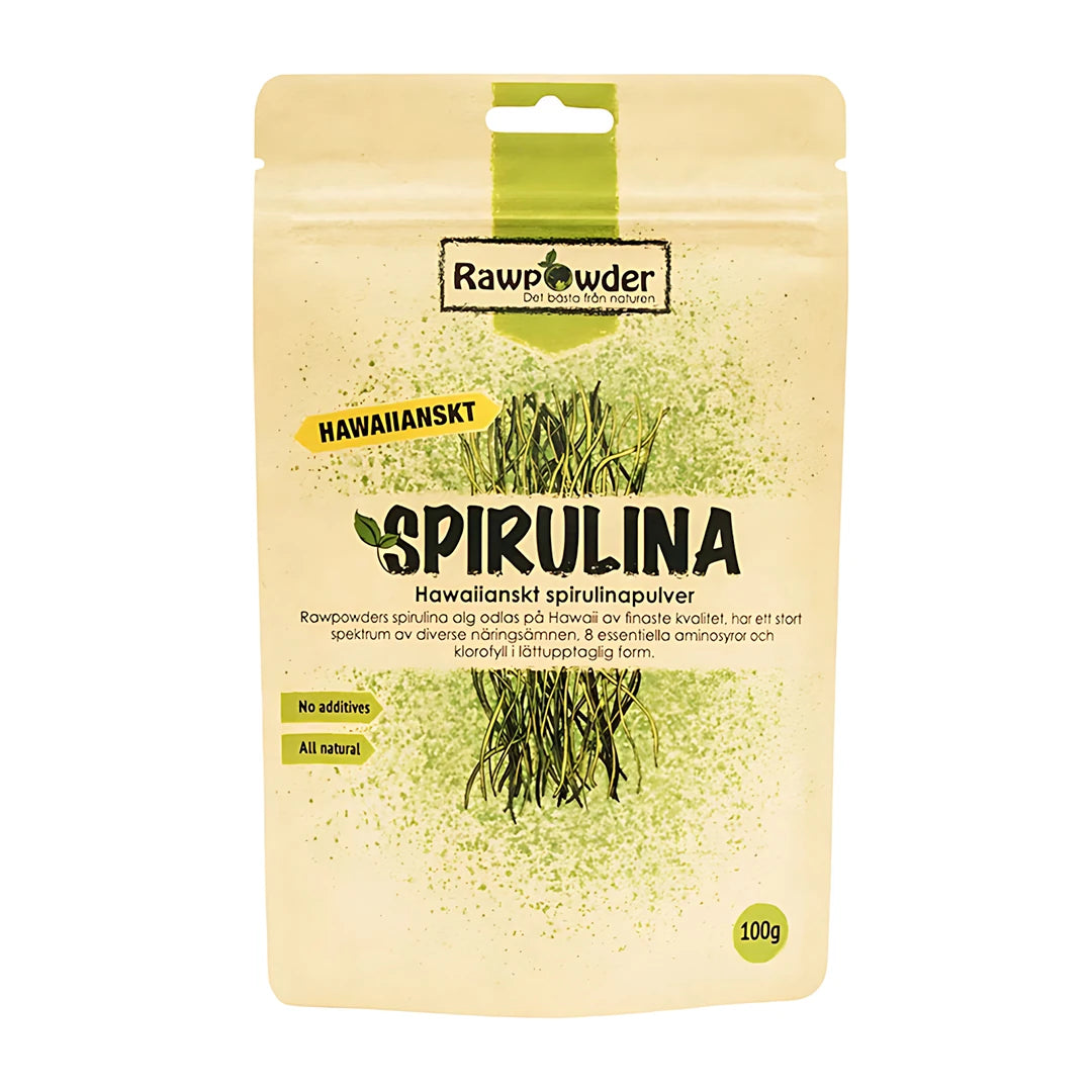 Rawpowder Spirulinapulver Hawaii 100 g vaaleassa pakkauksessa, jossa on vihreää tekstiä ja vihreitä yksityiskohtia.