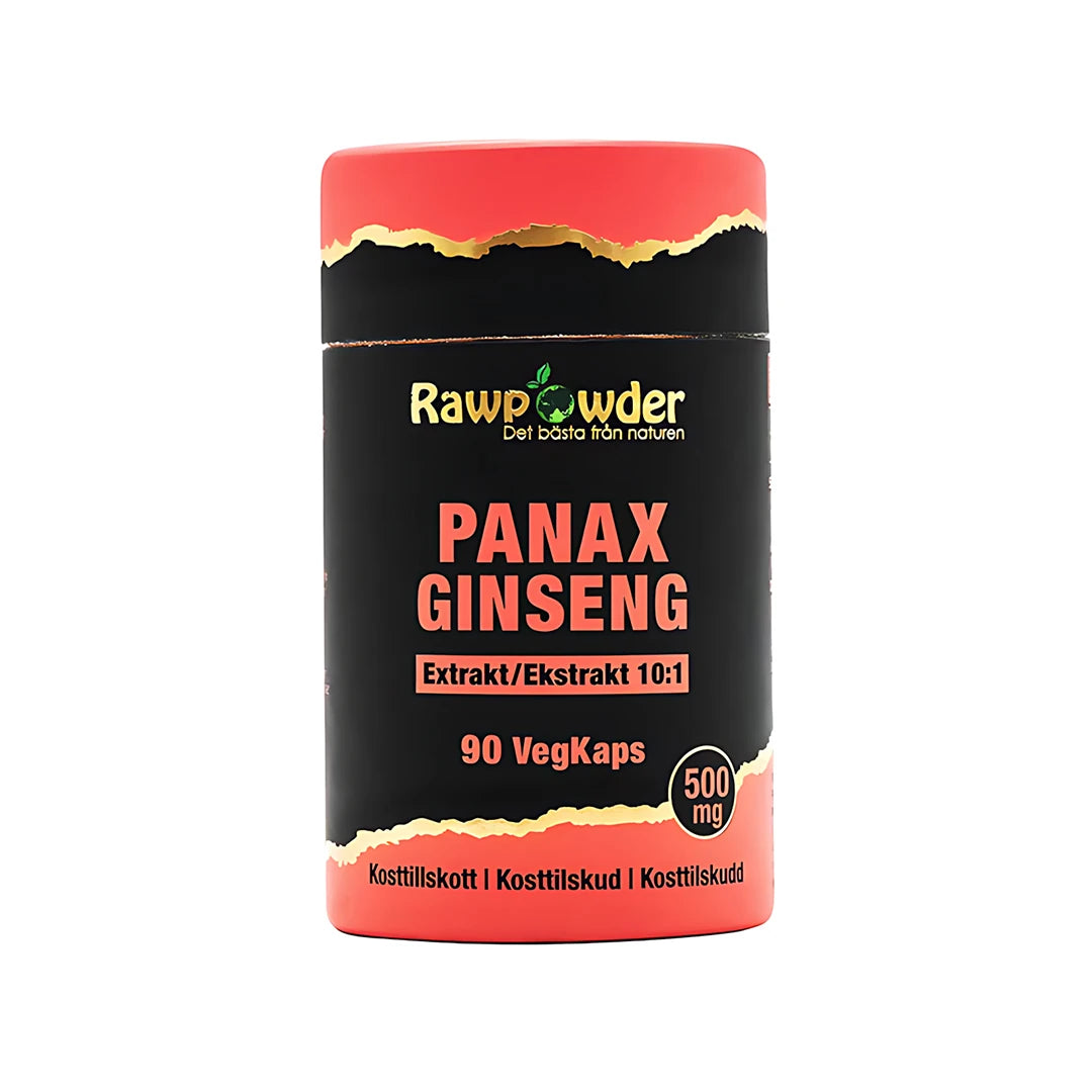 Rawpowder Panax Ginseng 90 caps -ravintolisä mustassa purkissa, jossa on punaisia yksityiskohtia.