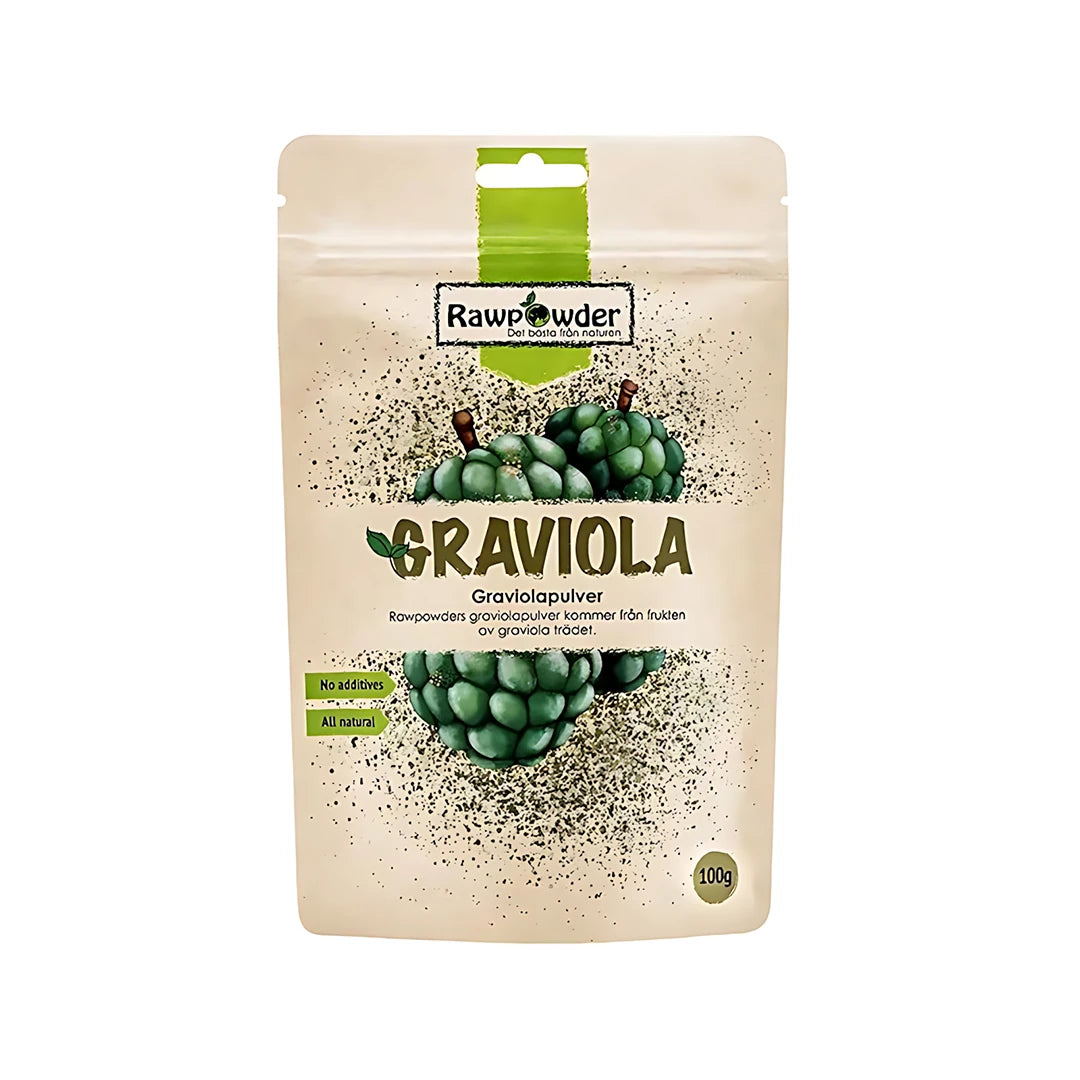 Rawpowder Graviolapulver 100 g beigessä pussissa, jossa on vihreitä yksityiskohtia ja graviola-hedelmien kuvitus.