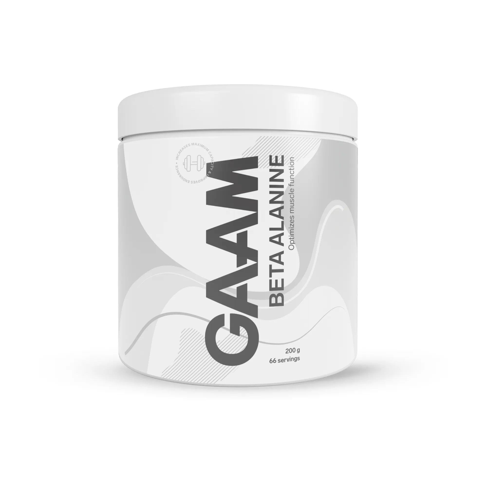 Valkoinen purkki GAAM Beta alanine 200 g -aminohappojauhetta pre-workoutiin.