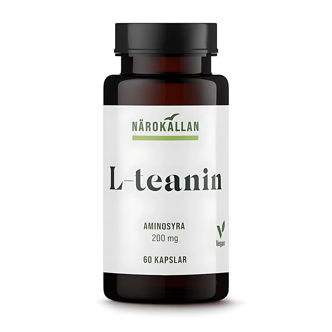 Närokällan L-Teanin 60 caps, vegaanisia aminohappoja pakattuna tummanruskeaan muovipurkkiin, jossa on valkoinen etiketti.