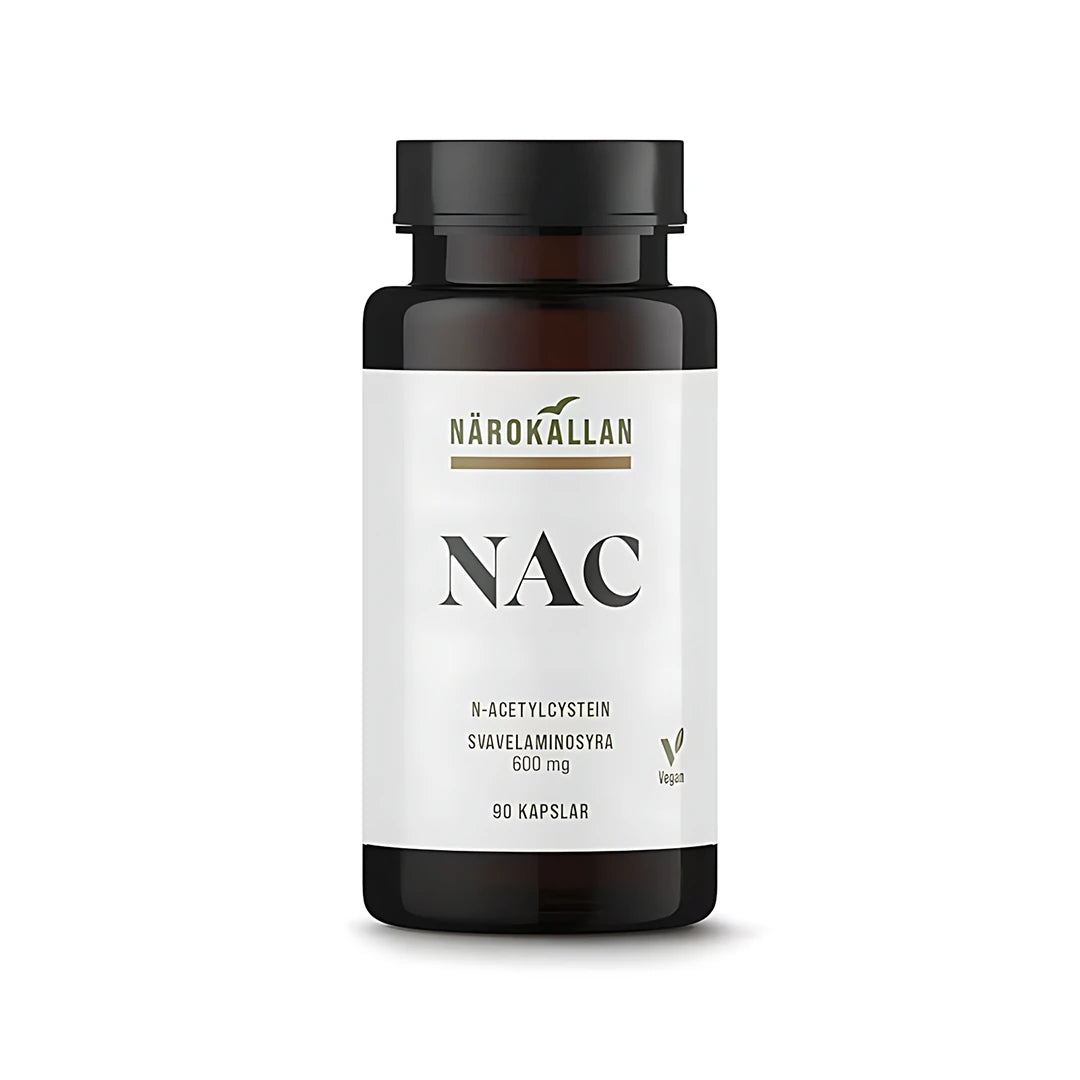 Närokällan NAC N-Acetylcystein 600 mg (90 kapselia) ruskeassa purkissa valkoisella etiketillä ja mustalla kannella.