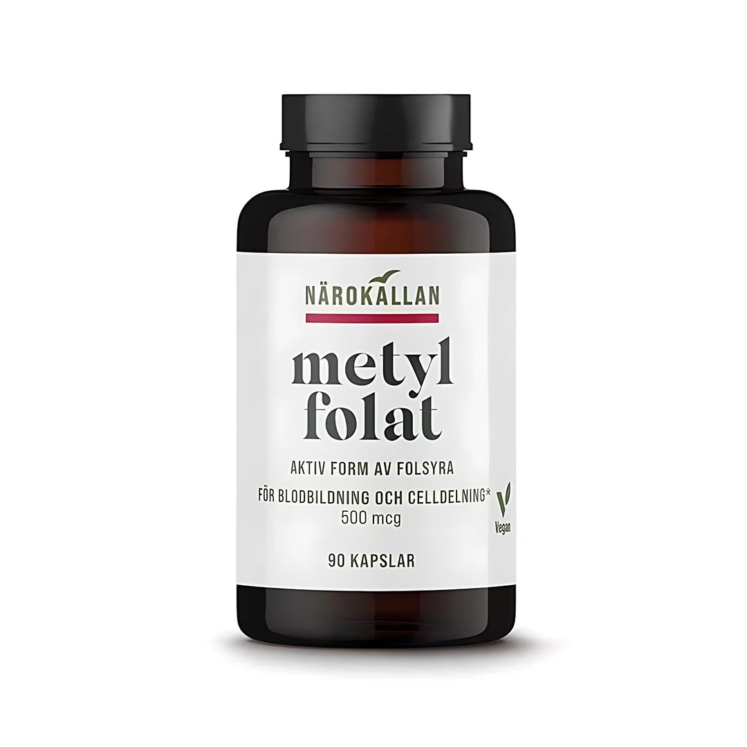 Närokällan Metylfolat 90 caps -vegaaninen ravintolisä tummanruskeassa purkissa valkoisella etiketillä.