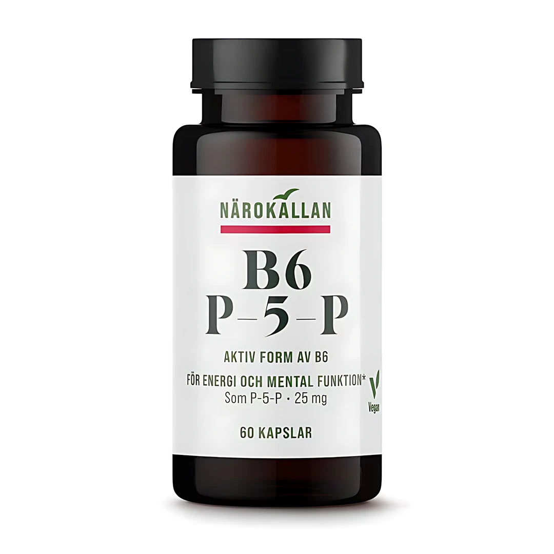 Närokällan B6 P5P 25 mg 60 caps -vitamiinikapselit tummanruskeassa purkissa, jossa on musta kansi ja valkoinen etiketti.
