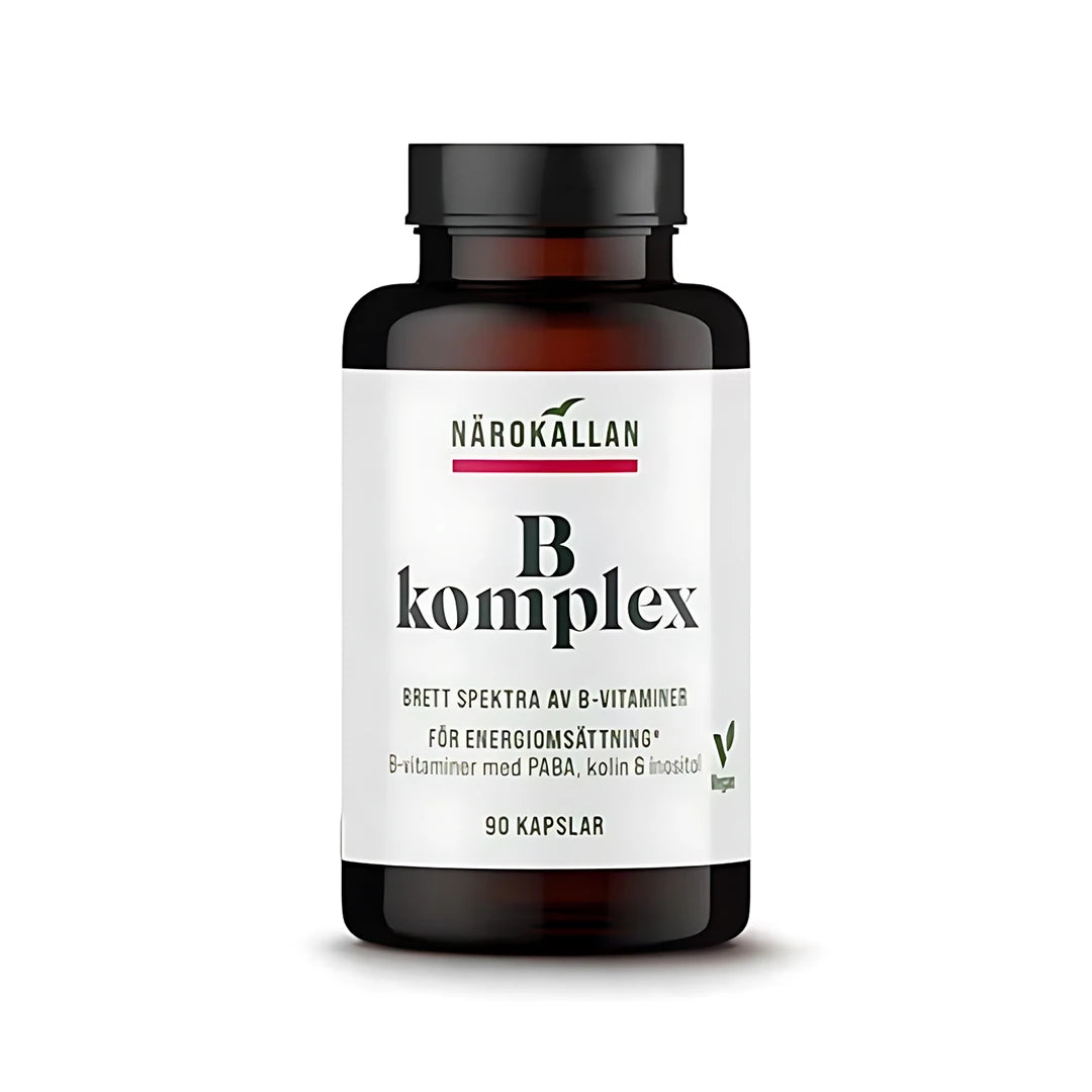 Närokällan B-komplex 90 caps, vegaaninen B-vitamiinilisä tummanruskeassa purkissa valkoisella etiketillä.