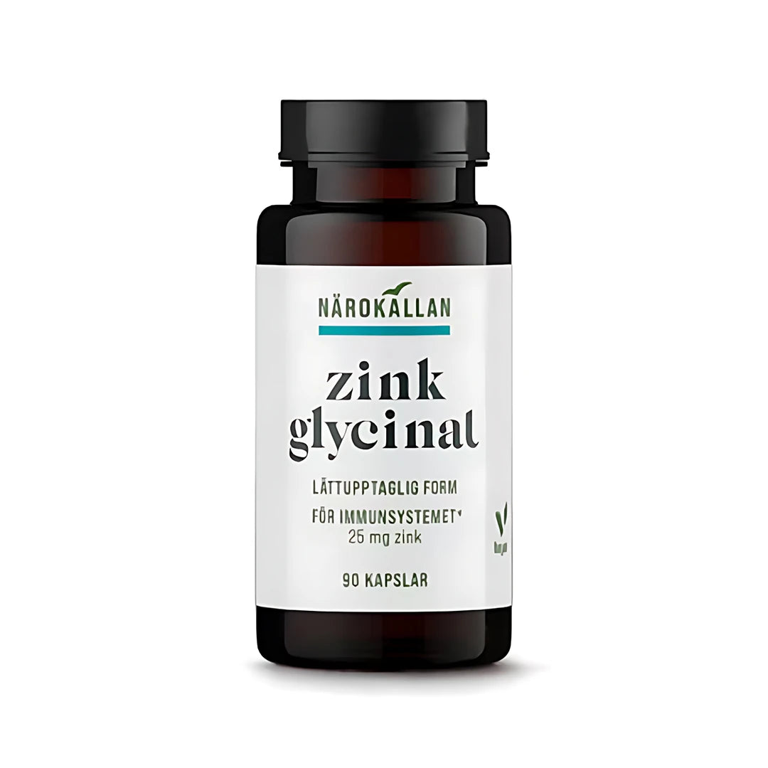Närokällan Zinkglycinat 90 caps -ravintolisä tummanruskeassa purkissa, jossa on musta korkki ja valkoinen etiketti mustilla tekstiyksityiskohdilla.