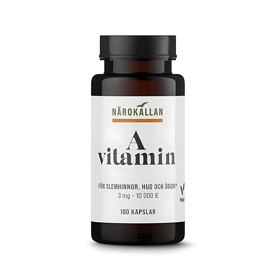 Närokällan A-vitamin 100 caps -ravintolisä tummassa purkissa, jossa on valkoinen etiketti ja musta kansi.