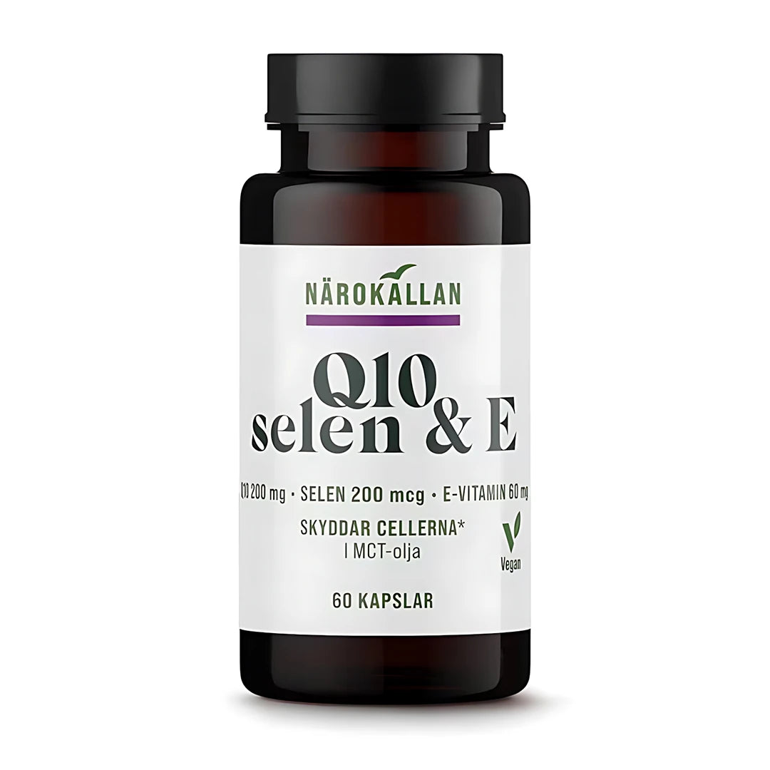 Närokällan Q10 200 mg + Selen & E 60 caps tummassa purkissa, jossa on valkoinen etiketti.