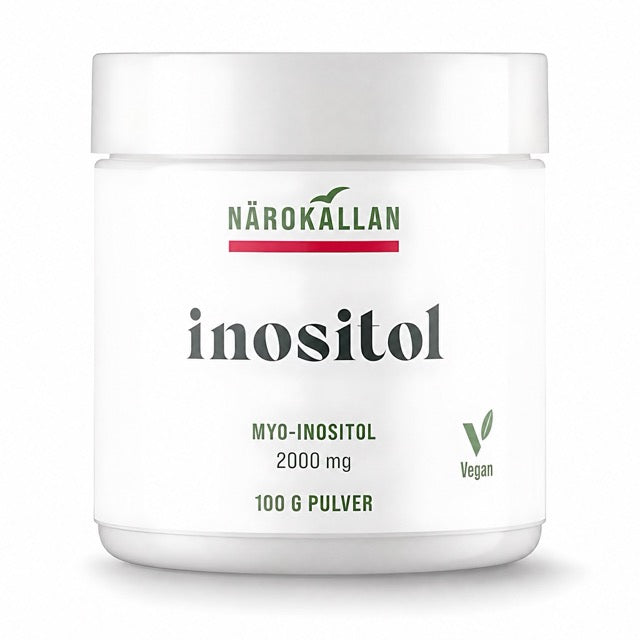 Närokällan Inositol 100 g myo-inositolijauhe valkoisessa purkissa vihreillä yksityiskohdilla., kuva 1/1