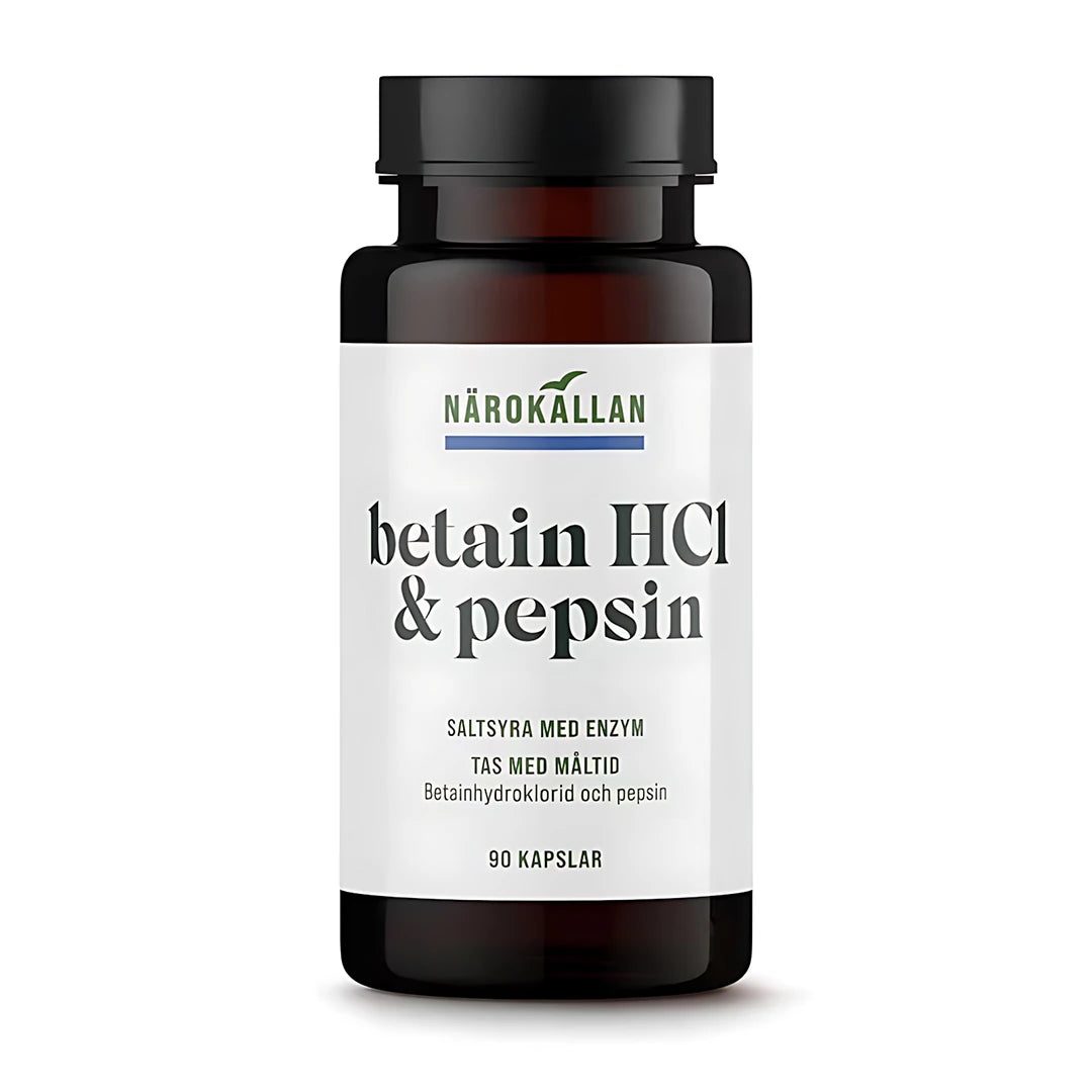 Närokällan Betain HCL pepsin 90 caps -ravintolisä tummanruskeassa purkissa, jossa on valkoinen etiketti.