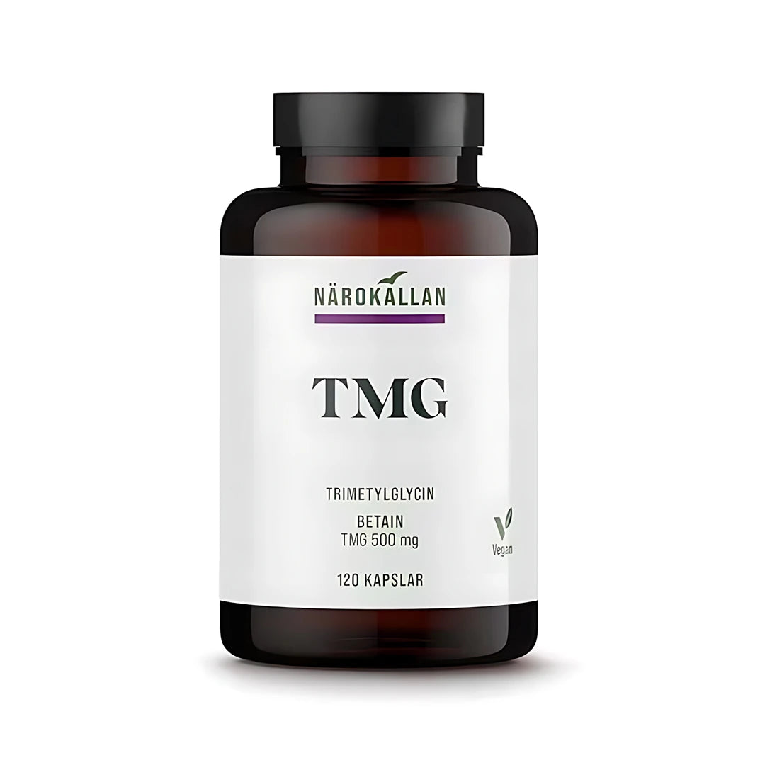 Närokällan TMG 120 caps -vegaaninen ravintolisä tummanruskeassa purkissa valkoisella etiketillä.