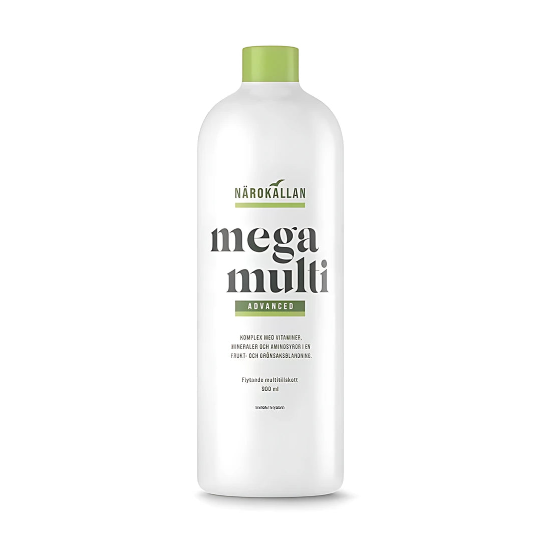 Närokällan Mega Multi Advanced 900 ml nestemäinen monivitamiinilisä valkoisessa pullossa vihreillä yksityiskohdilla.