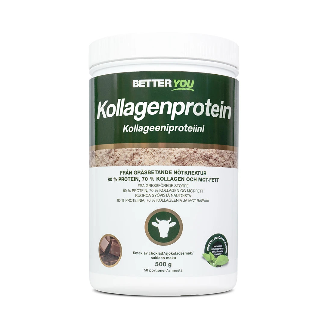 Better You Kollagenprotein 500 g -proteiinijauhe valkoisessa purkissa tummanvihreällä etiketillä, makuna suklaa.