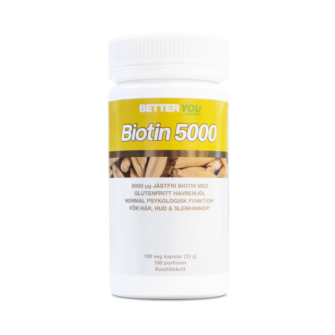 Better You Biotin 5000 - 100 caps -ravintolisä valkoisessa BIO-purkissa, jossa on keltainen ja valkoinen etiketti.