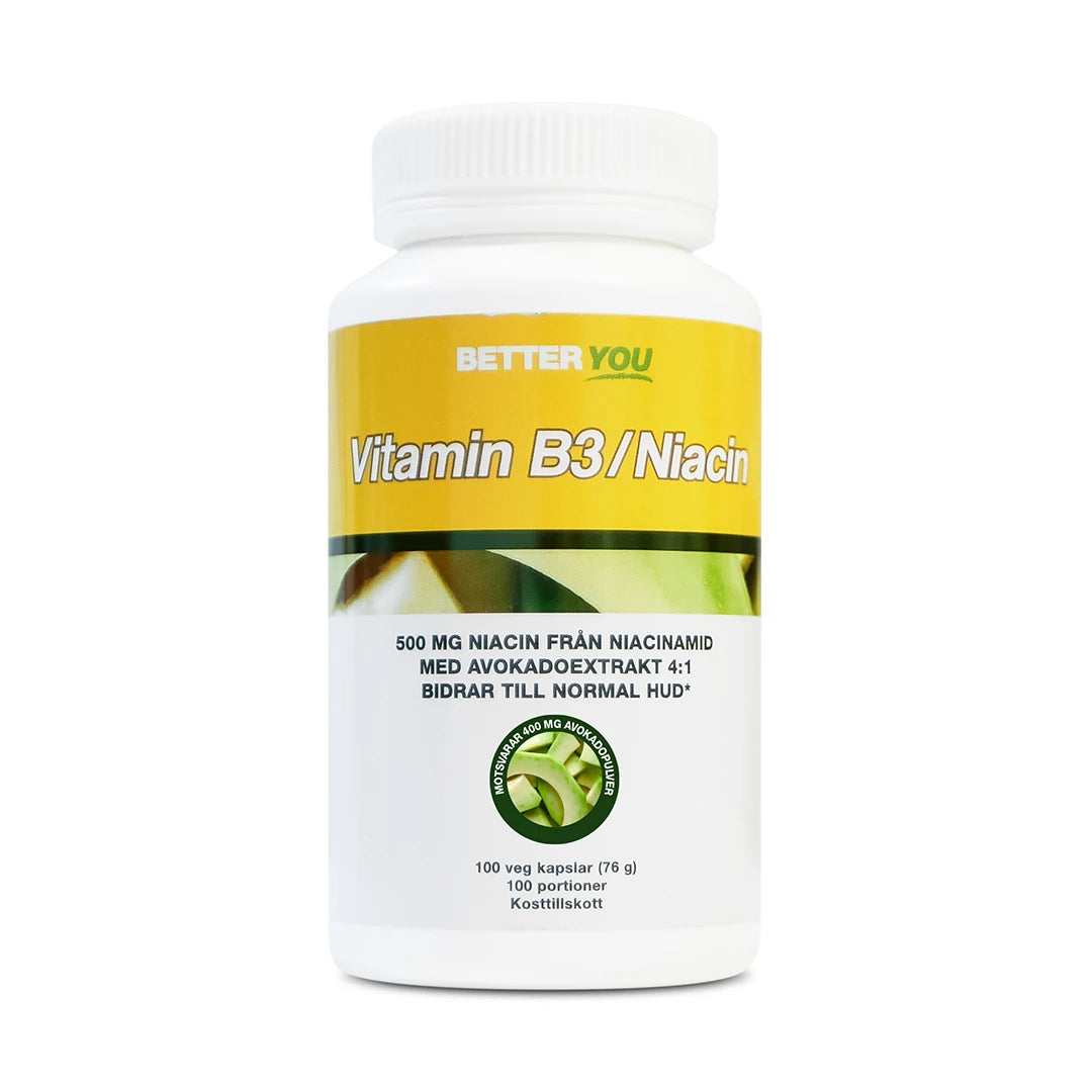 Better You Vitamin B3 / Niacin - 100 caps valkoisessa purkissa keltaisella etiketillä ja vihreillä avokadokuvilla.