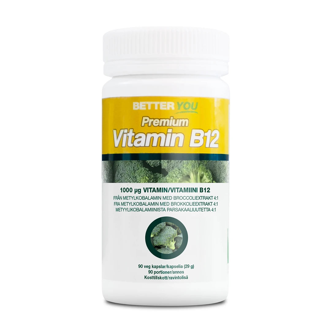 Better You Premium Vitamin B12 - 90 caps valkoisessa purkissa, jonka keltaisessa etiketissä on parsakaalin kuvia.