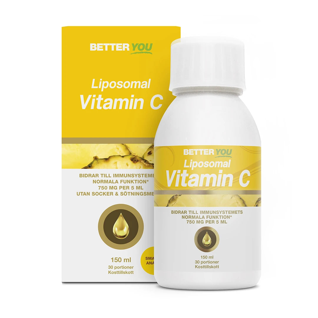 Better You Liposomal Vitamin C 150 ml nestemäinen ravintolisä, valkoinen pullo keltaisella etiketillä ja pahvikotelo.