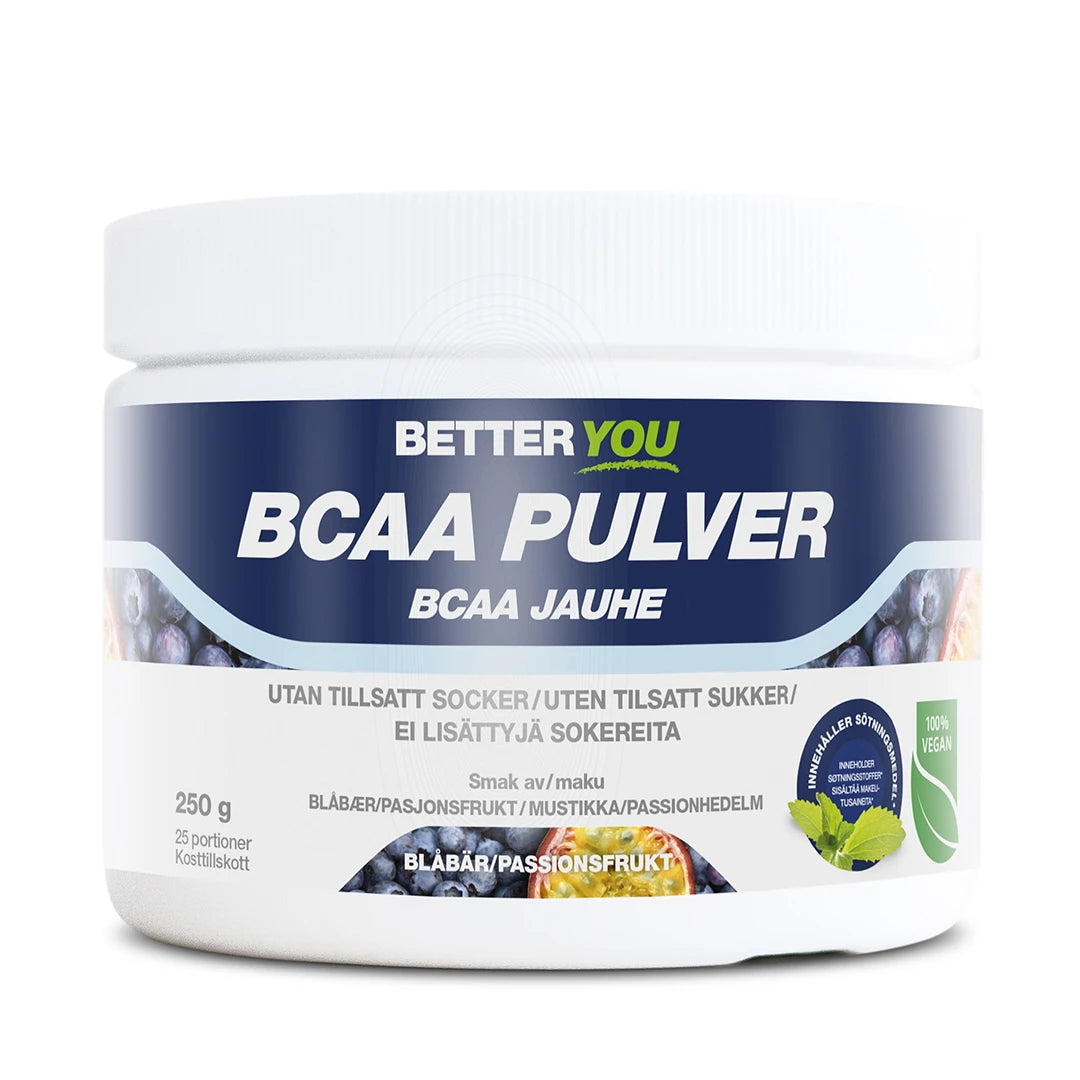 Better You Naturligt BCAA Pulver 250 g valkoisessa, sinietikettisessä purkissa, makuna mustikka ja passionhedelmä.