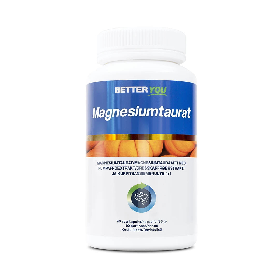 Better You Magnesiumtaurat - 90 kaps valkoisessa muovipurkissa, jossa on sininen etiketti ja kurpitsojen kuvia.