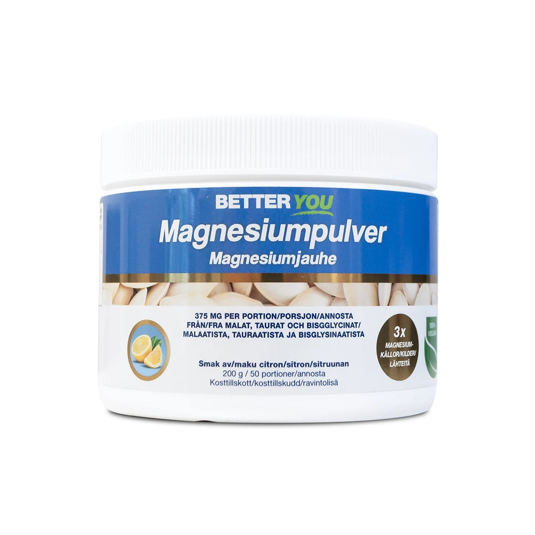 Better You Magnesiumpulver 200 g -ravintolisä valkoisessa purkissa, jossa on sininen etiketti ja sitruunan maku.