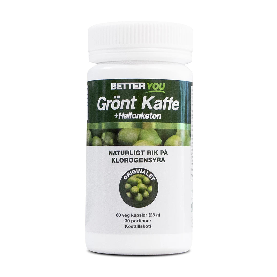 Better You Grönt Kaffe + Hallonketon 60 kaps -ravintolisä valkoisessa purkissa vihreällä etiketillä ja kahvipapujen kuvalla.