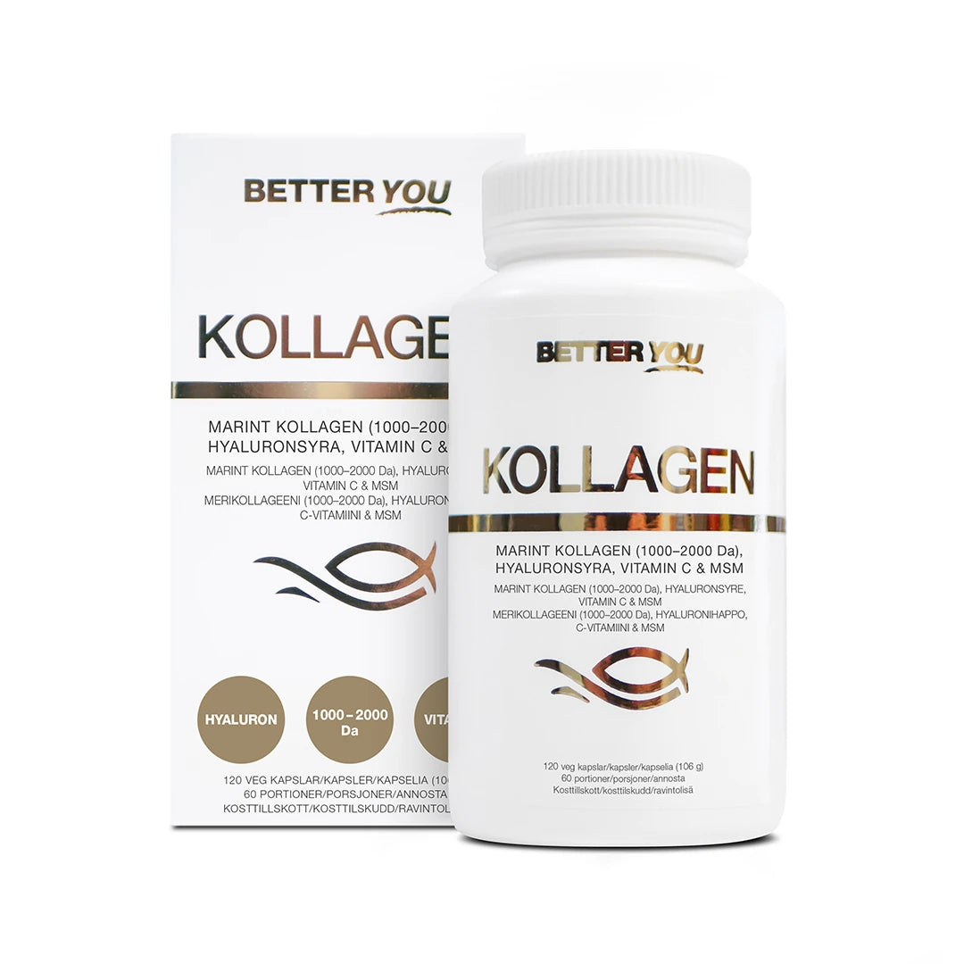 Better You Premium Kollagen 120 kaps valkoisessa purkissa ja pahvipakkauksessa kuparinvärisillä yksityiskohdilla.