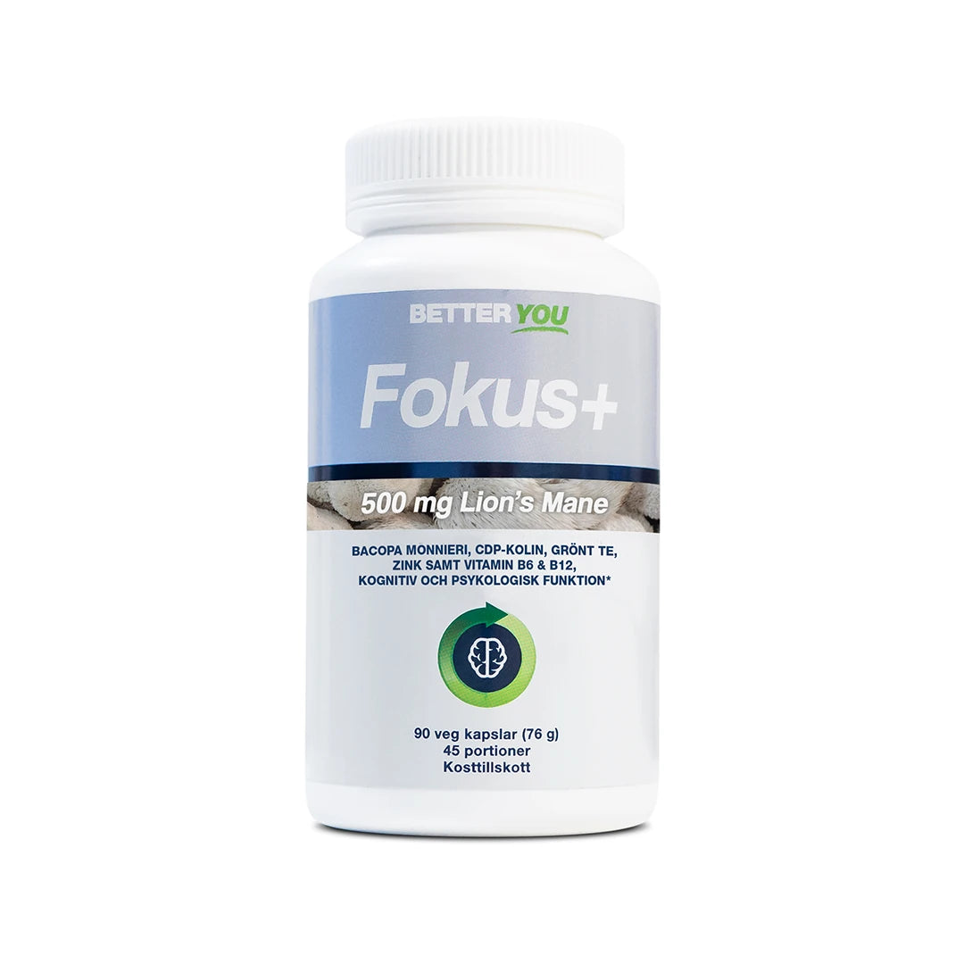 Better You Fokus Plus -ravintolisä (90 kaps) valkoisessa purkissa, jossa on vaaleansininen etiketti.