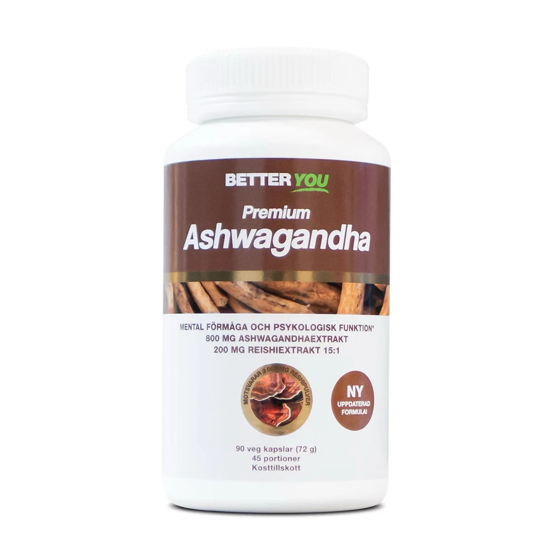 Better You Premium Ashwagandha 90 caps valkoisessa muovipurkissa ruskealla etiketillä ja ashwagandha-juurien kuvalla.