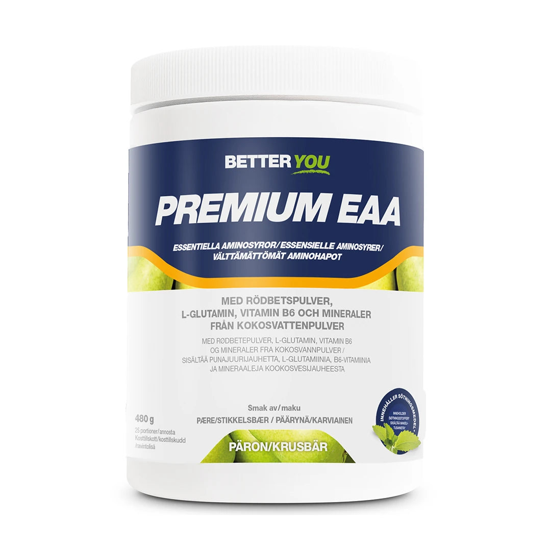 Better You Premium EAA 480g -aminohappolisä valkoisessa purkissa tummansinisellä etiketillä, makuna Päärynä/Karviainen.