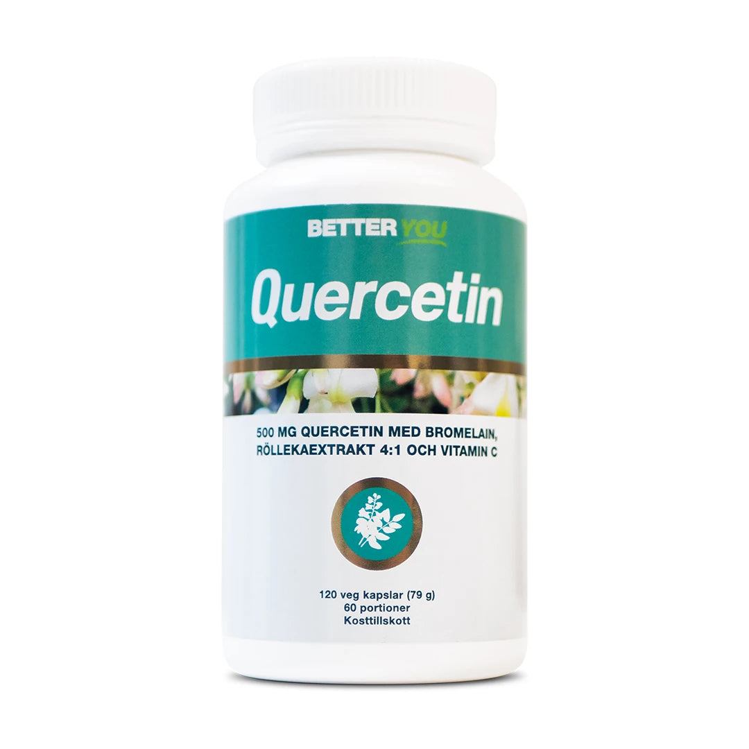 Better You Quercetin 120 caps -ravintolisä valkoisessa muovipurkissa, jossa on turkoosi ja valkoinen etiketti.